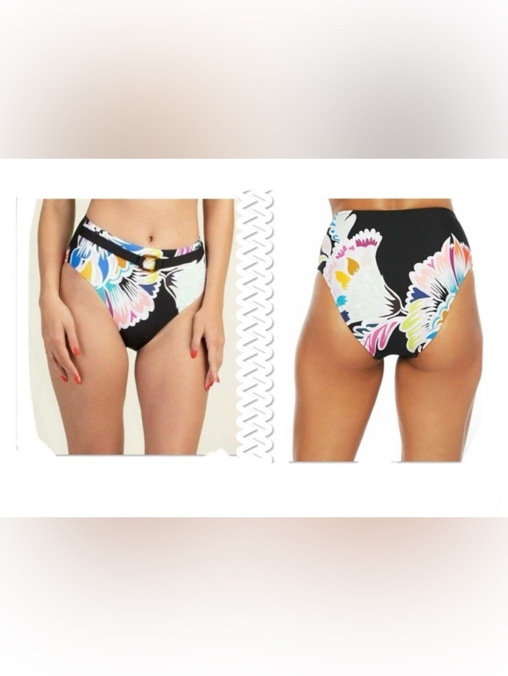 Trina Turk Black High-Waist Floral Bikini Bottom with Multicolor Print Size 6